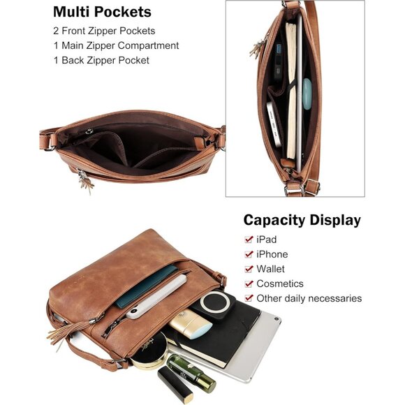 🆕Women Mocha Brown Leather Crossbody Bag Tassel Medium Purse Shoulder Handbag - Picture 4 of 9